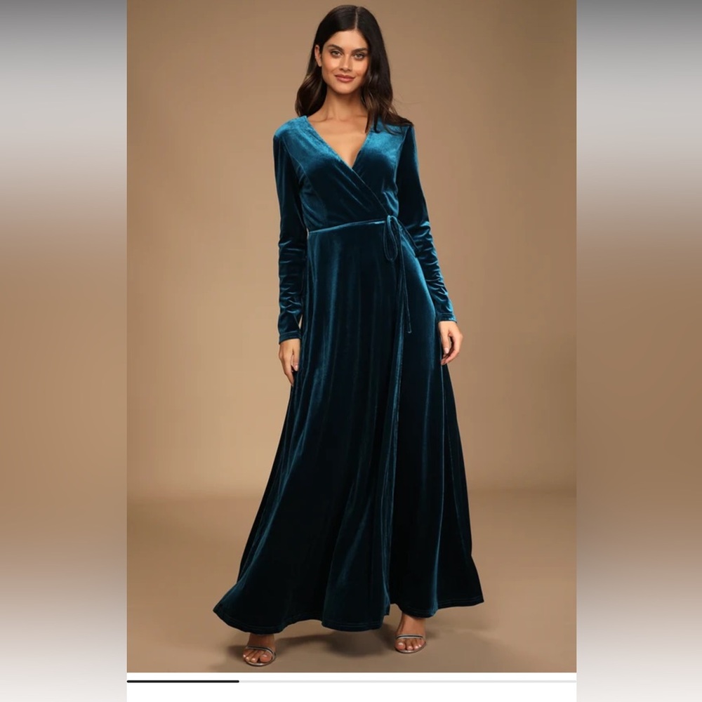 Jacinda Teal Blue Velvet Wrap Maxi Dress